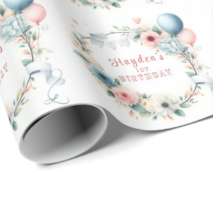 Papel De Regalo Primer cumpleaños - Flores de color de agua y glob