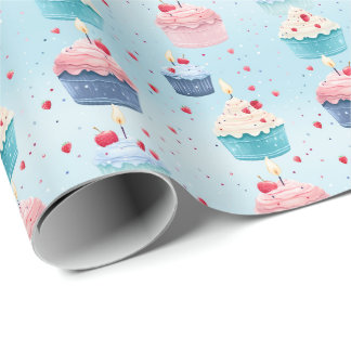 Papel De Regalo Primer cumpleaños - pasteles, velas y fresas -