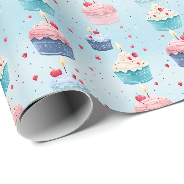 Papel De Regalo Primer cumpleaños - pasteles, velas y fresas - (Esquina del rollo)