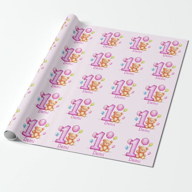Papel De Regalo Primer cumpleaños rosado personalizado para Chicas (Desenrollado)