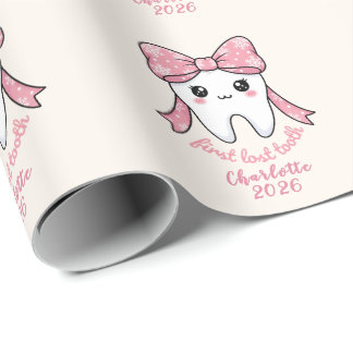 Papel De Regalo Primer Diente de Bebé Lazo Rosa Kawaii
