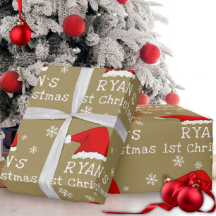 Papel De Regalo Primer Navidad de bebé Sombrero Santa Rojo Copo de