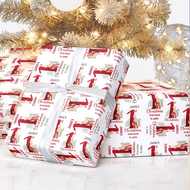 Papel De Regalo Primer nombre de conejo de Navidad bebé rojo númer (First Christmas Bunny Name Baby Red Number One Wrapping Paper)
