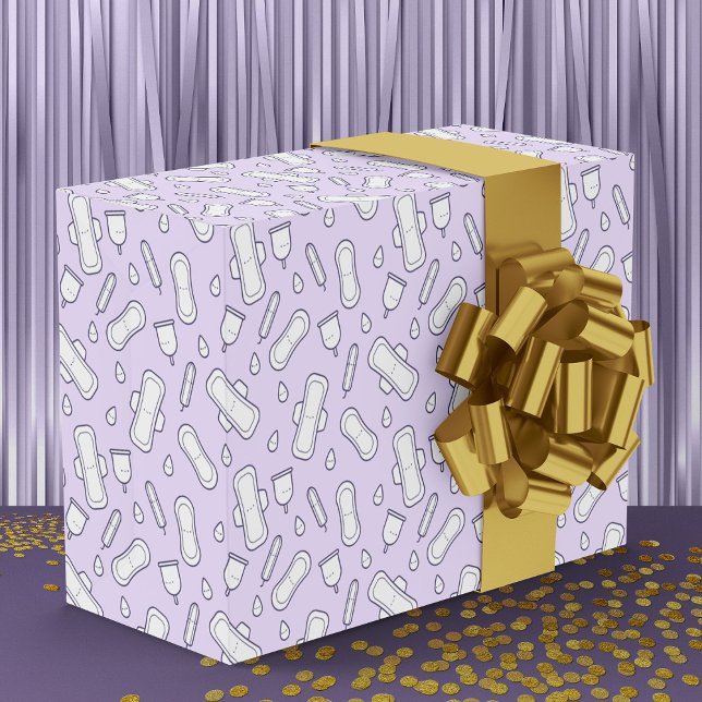Papel De Regalo Primer periodo Fiesta Pastel Purple Cute Tampon (Mockup of wrapping paper on a box in a purple party room.)
