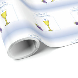 Papel De Regalo Primera Comunión Niño, Cáliz con Hostia y Uvas