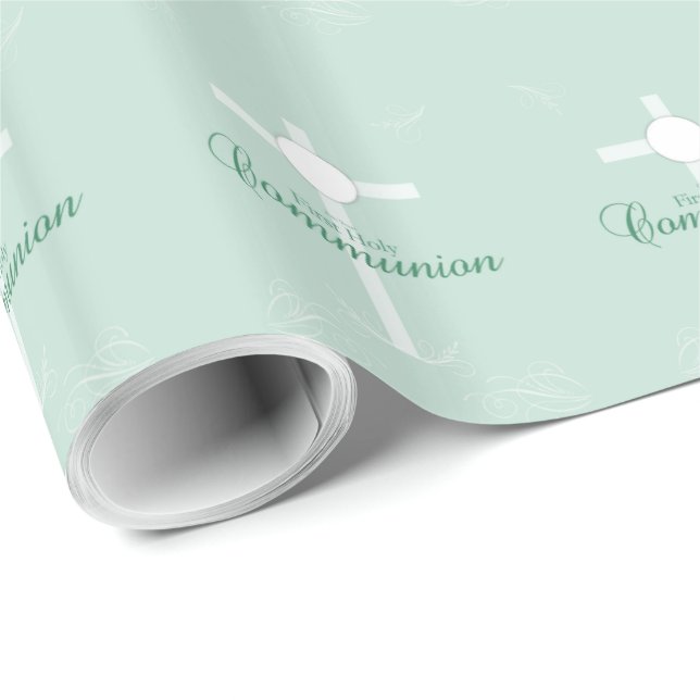 Papel De Regalo Primera Comunión, texto en verde suave (Esquina del rollo)