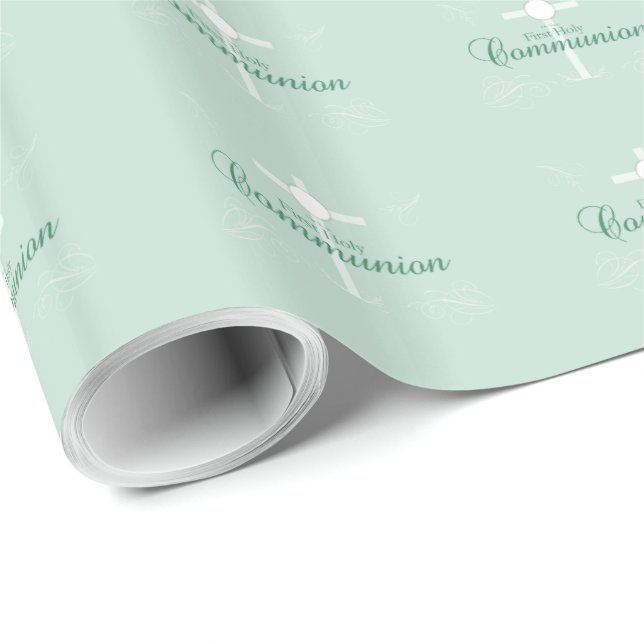 Papel De Regalo Primera Comunión, texto en verde suave (Esquina del rollo)