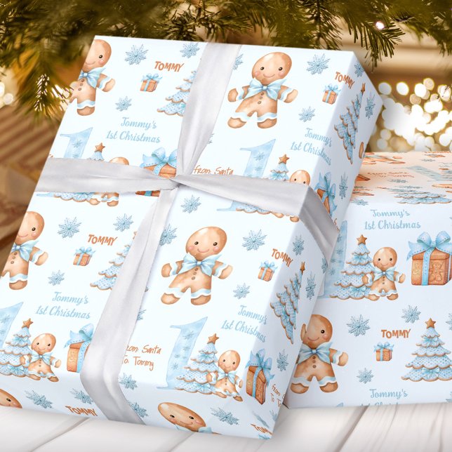 Papel De Regalo Primera Navidad Gingerbread Man Boy Blue Name Text (First Christmas Gingerbread Man Boy Blue Name Text Wrapping Paper)