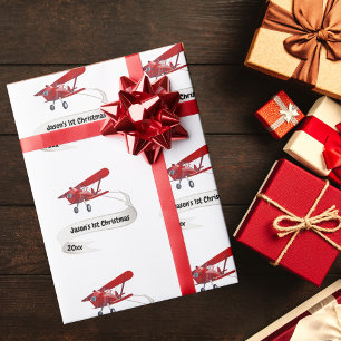 Papel De Regalo Primera Navidad Santa Claus Vuela Avión Personaliz