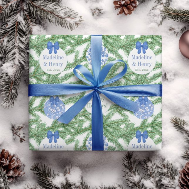 Papel De Regalo Primeros Navidades casados Blue White Baubles Text (Blue and white personalized Christmas ornaments holidays chinoiserie wrapping paper)