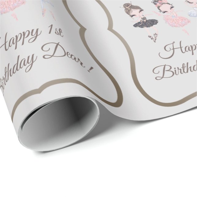 Papel De Regalo Princesa Ballerinas Rosa Gris Primer cumpleaños (Esquina del rollo)