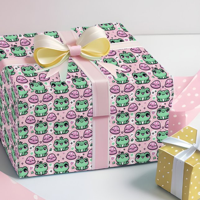 Papel De Regalo Princesa de rana Kawaii Niña Rosa y Verde (Cute frog princess little girl wrapping paper in pink and green)