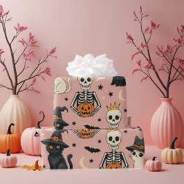 Papel De Regalo Princesa de Skeleton rosa y gatos de Halloween