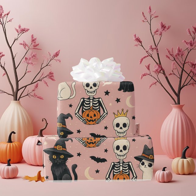 Papel De Regalo Princesa de Skeleton rosa y gatos de Halloween (Subido por el creador)