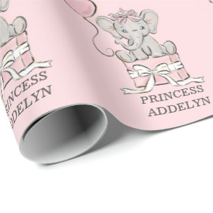 Papel De Regalo Princesa Elefante Globo Rosa Nombre del Niño