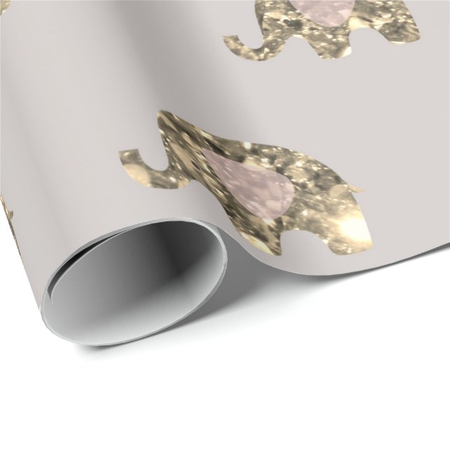 Papel De Regalo Princesa gris rosa Elefante Faux Gold Baby (Esquina del rollo)