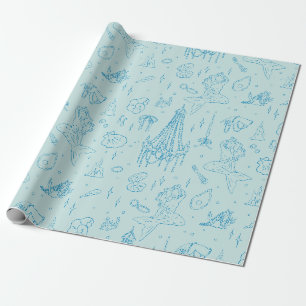 Papel De Regalo Princesa Sirena Fantasía Oceánica Azul Patrón Toil