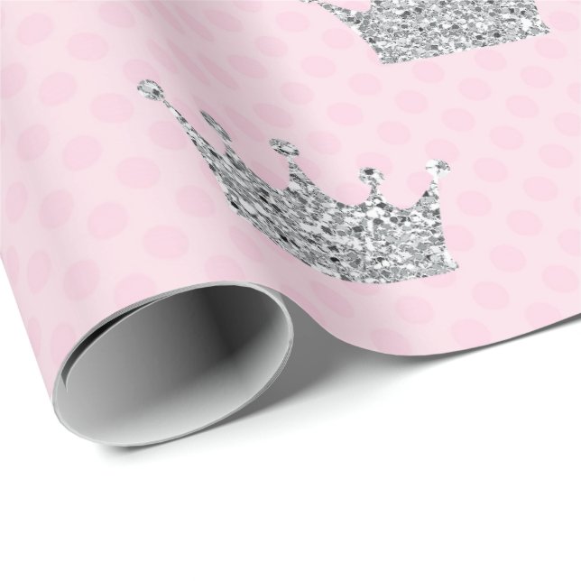 Papel De Regalo Princess Crown Pink Silver Dots Shiny Vip (Esquina del rollo)
