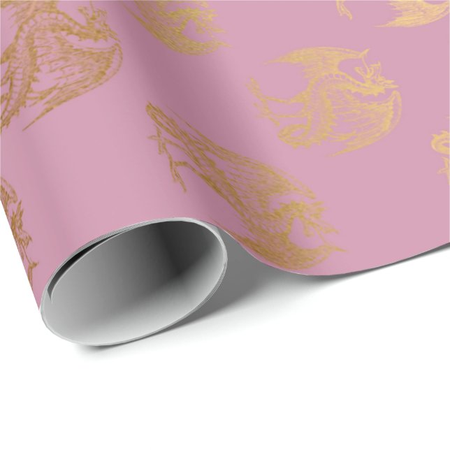Papel De Regalo Princess Pastel Rosa Rosa Dragon Fenix (Esquina del rollo)