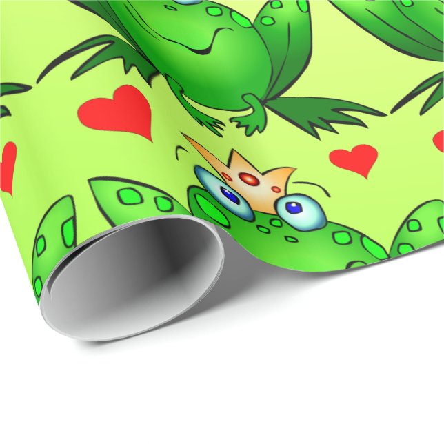 Papel De Regalo Príncipe Hearts Cheerful Cartoon Green de la rana (Esquina del rollo)