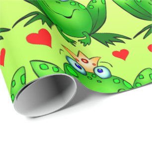 Papel De Regalo Príncipe Rana Corazones Alegre Dibujo Animado Verd