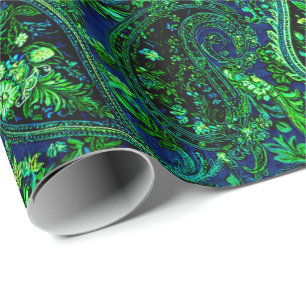 Papel De Regalo Profusión de Paisley Floral Vibrante Azul Verde