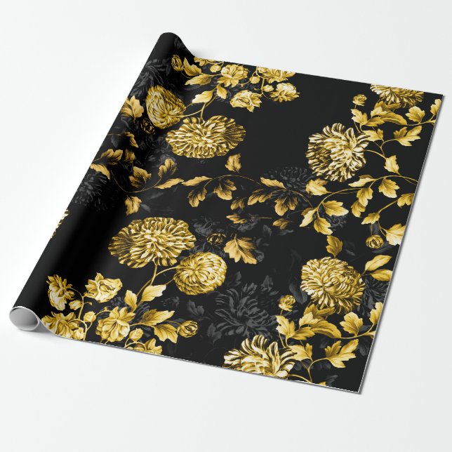 Papel De Regalo Profusión negra Toile floral del oro (Desenrollado)