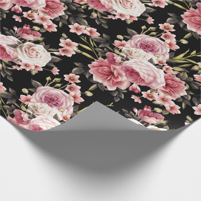 Papel De Regalo Profusión rosa rosa rosa - fondo negro (Esquina)
