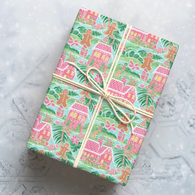 Papel De Regalo Pueblo de Gingerbread Navidades Tropicales Rosa y  (Subido por el creador)