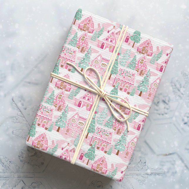 Papel De Regalo Pueblo de Gingerbread Navidades Verdes y Rosa Neva (Subido por el creador)