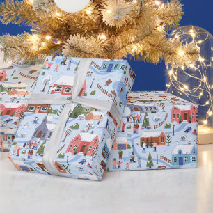 Papel De Regalo Pueblo de Navidad en acuarela azul claro 