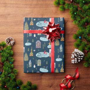 Papel De Regalo Pueblo de Navidad Patrón Azul 'Feliz Navidad'