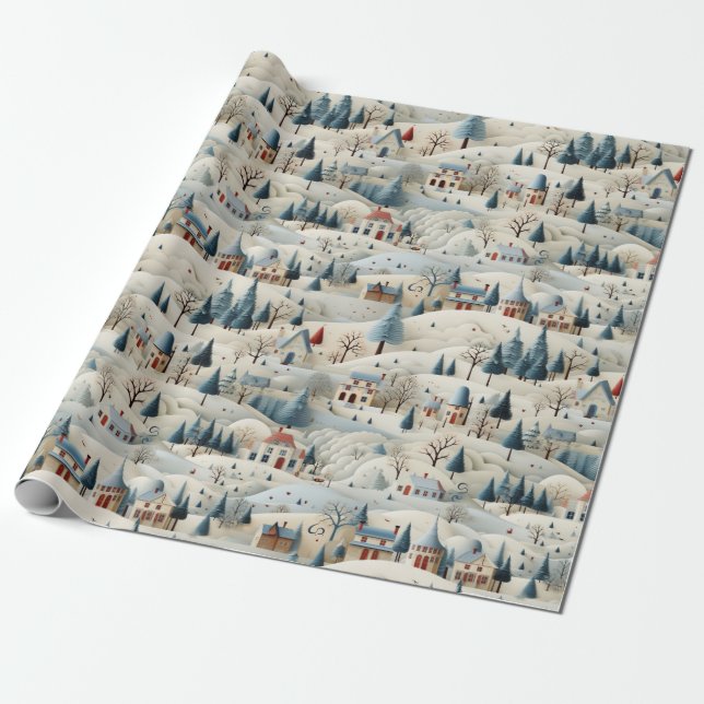 Papel De Regalo pueblo de Navidades nevados (Desenrollado)