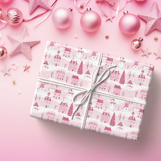 Papel De Regalo Pueblo de Navidades rosados con nieve