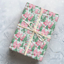 Papel De Regalo Pueblo de Navidades verdes y rosados con nieve