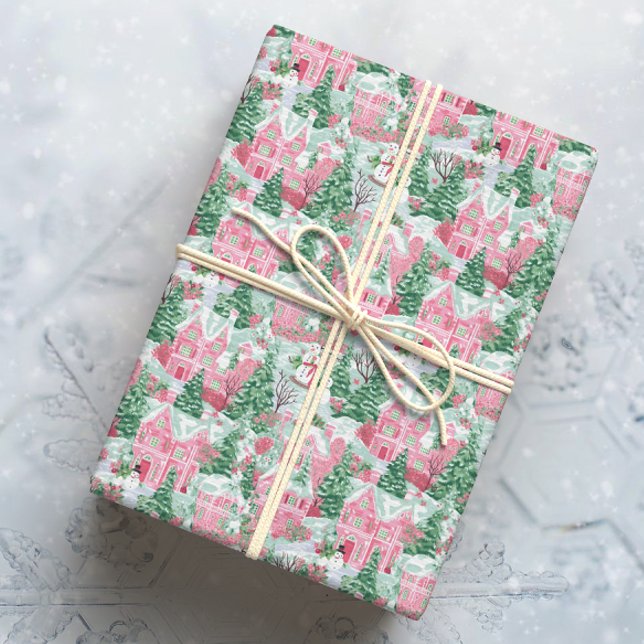 Papel De Regalo Pueblo de Navidades verdes y rosados con nieve (Subido por el creador)