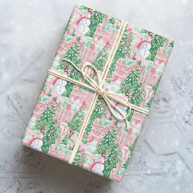 Papel De Regalo Pueblo de Navidades verdes y rosados con nieve (Subido por el creador)