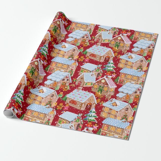 Papel De Regalo Pueblo del pan de jengibre (rojo) (Desenrollado)