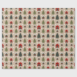 Papel De Regalo Pueblo navideño acogedor y pinos
