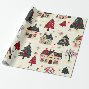 Papel De Regalo Pueblo navideño verde escarlata Toile nevado