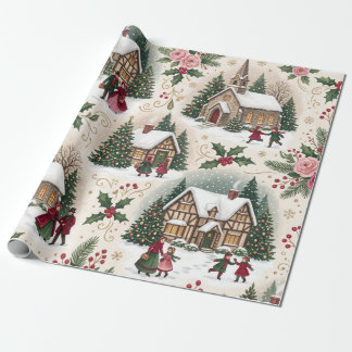 Papel De Regalo Pueblo navideño victoriano, cabañas nevadas, rosas