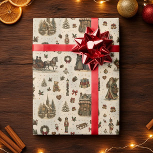 Papel De Regalo Pueblo Navideño Vintage con Cantores en Trineo Cre