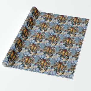 Papel De Regalo Pueblo navideño vintage de Border Collie nevado