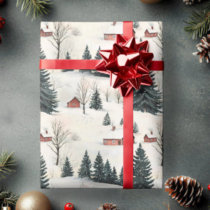 Papel De Regalo Pueblo Rústico Rojo y Blanco Nevado