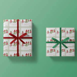 Papel De Regalo Pueblo verde y rojo lindo en la nieve en Navidad