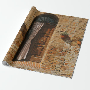 PAPEL DE REGALO PUERTA DE MADERA MARRÓN EN UNA PARED DE LADRILLO 