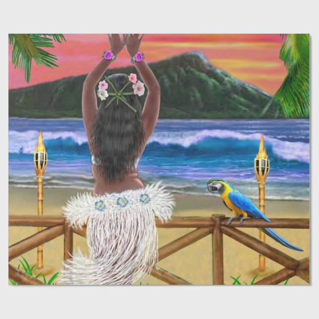 PAPEL DE REGALO PUESTA DEL SOL HAWAIANA DE HULA (Superficie plana)