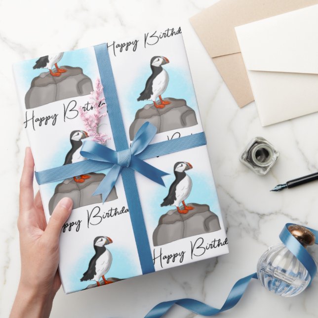 Papel De Regalo Puffin de cumpleaños feliz personalizado (Regalar)