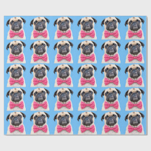 Papel De Regalo Pug con lazo rosa