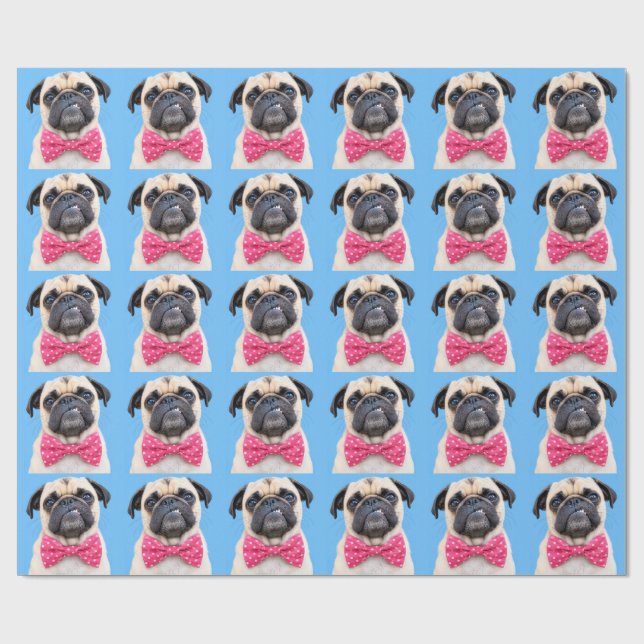 Papel De Regalo Pug con lazo rosa (Superficie plana)